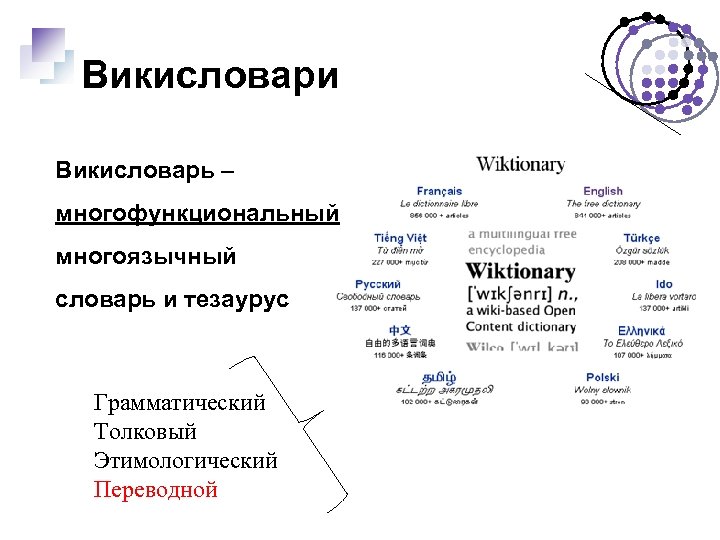 Викисловари Викисловарь – многофункциональный многоязычный словарь и тезаурус Грамматический Толковый Этимологический Переводной 