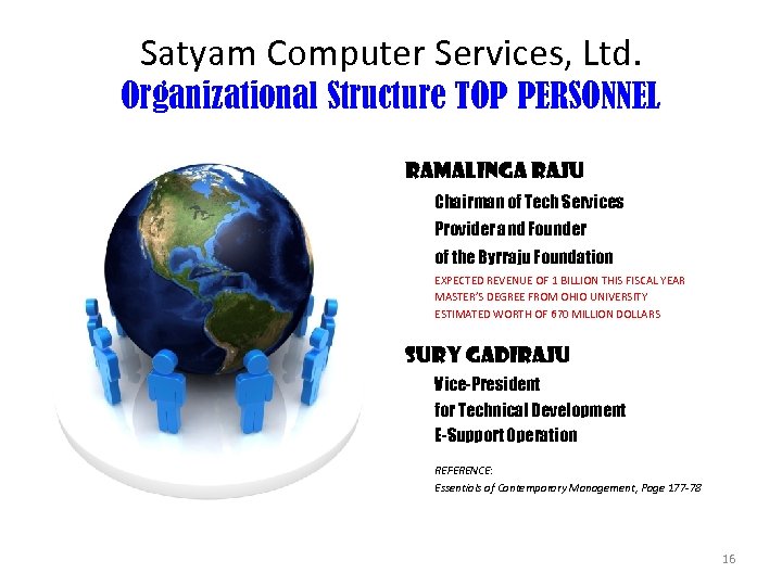 Satyam Computer Services, Ltd. Organizational Structure TOP PERSONNEL Ramalinga Raju Chairman of Tech Services