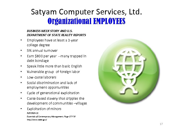 Satyam Computer Services, Ltd. Organizational EMPLOYEES BUSINESS WEEK STORY AND U. S. DEPARTMENT OF