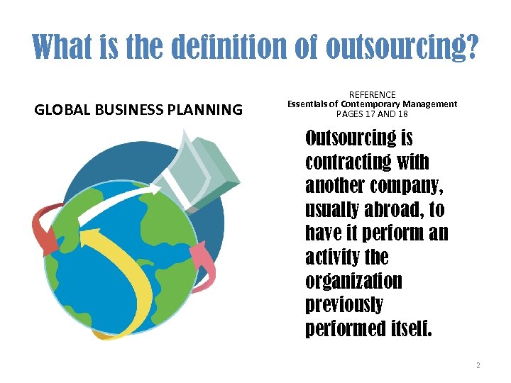 What is the definition of outsourcing? GLOBAL BUSINESS PLANNING REFERENCE Essentials of Contemporary Management