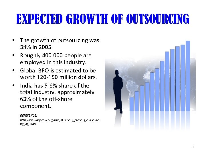 EXPECTED GROWTH OF OUTSOURCING • The growth of outsourcing was 38% in 2005. •