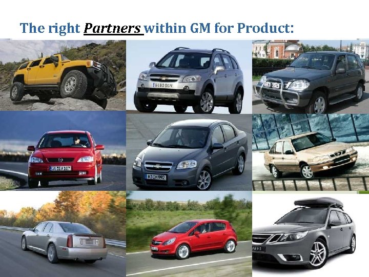 The right Partners within GM for Product: 