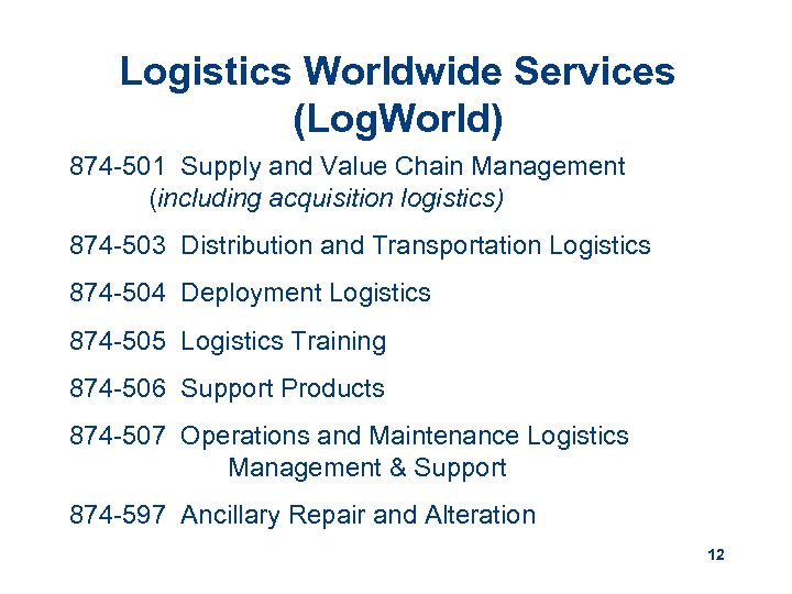 Logistics Worldwide Services (Log. World) 874 -501 Supply and Value Chain Management (including acquisition