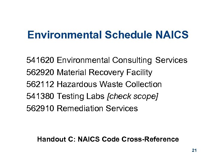 Environmental Schedule NAICS 541620 Environmental Consulting Services 562920 Material Recovery Facility 562112 Hazardous Waste