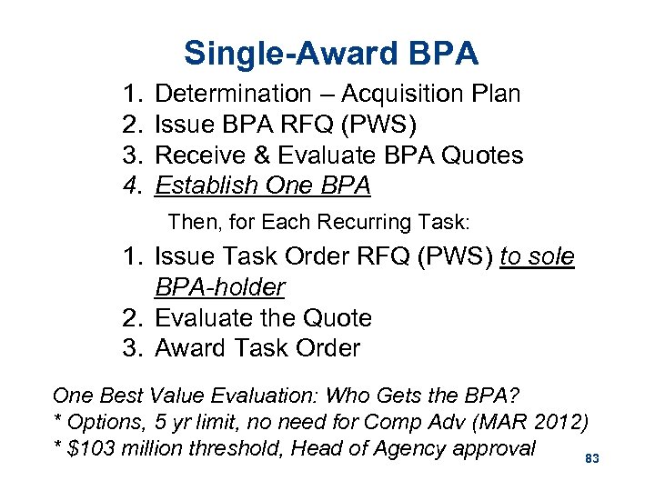 Single-Award BPA 1. 2. 3. 4. Determination – Acquisition Plan Issue BPA RFQ (PWS)