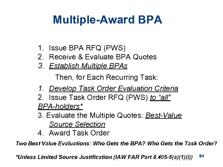 Multiple-Award BPA 1. Issue BPA RFQ (PWS) 2. Receive & Evaluate BPA Quotes 3.