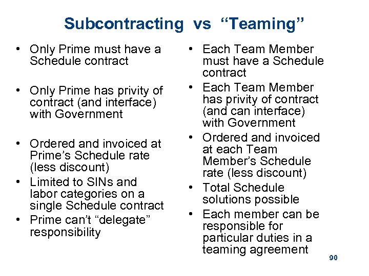 Subcontracting vs “Teaming” • Only Prime must have a Schedule contract • Only Prime