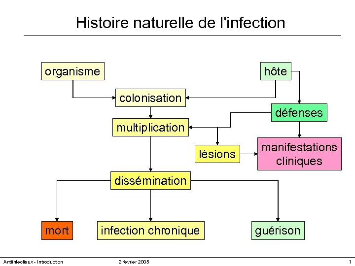 Histoire naturelle de l'infection organisme hôte colonisation défenses multiplication lésions manifestations cliniques dissémination mort