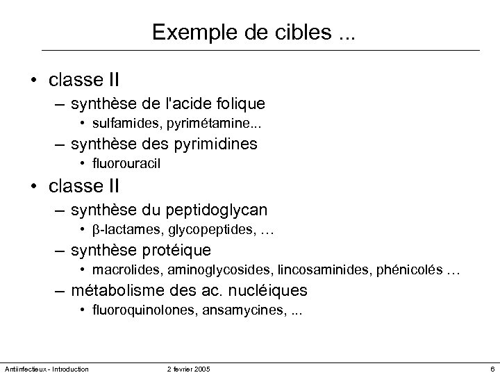 Exemple de cibles. . . • classe II – synthèse de l'acide folique •