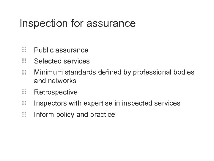 Inspection for assurance Public assurance Selected services Minimum standards defined by professional bodies and