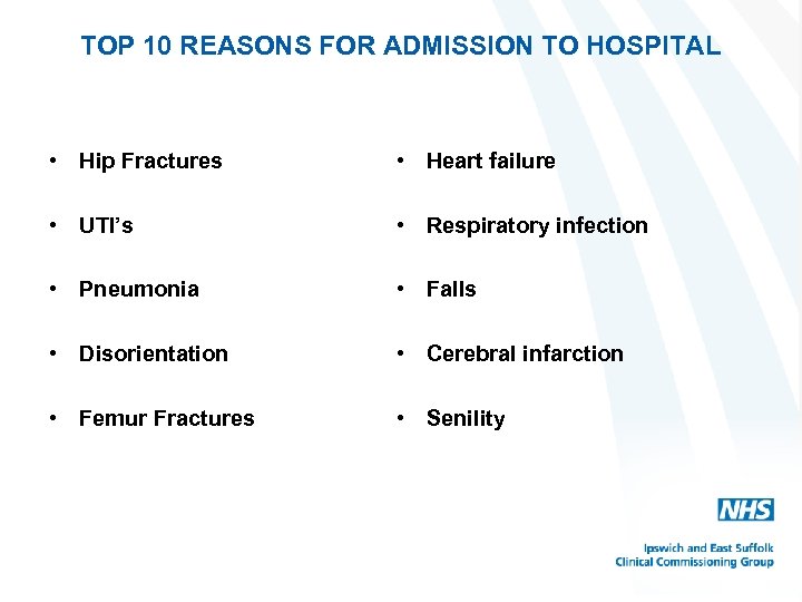 TOP 10 REASONS FOR ADMISSION TO HOSPITAL • Hip Fractures • Heart failure •