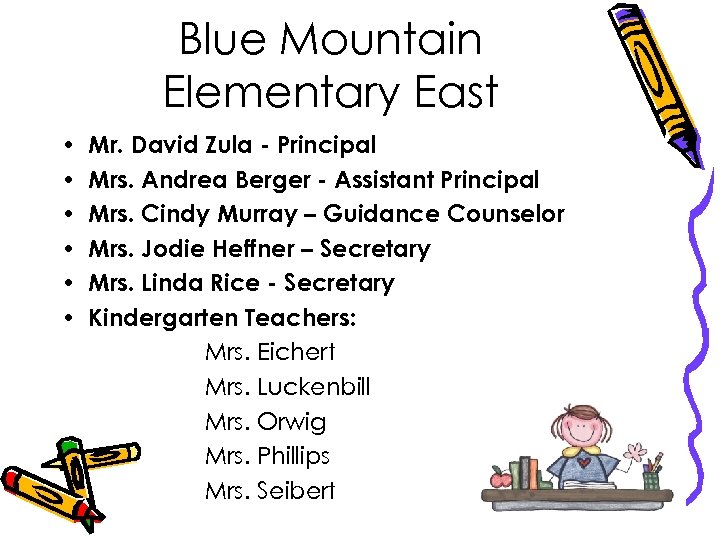 Blue Mountain Elementary East • • • Mr. David Zula - Principal Mrs. Andrea