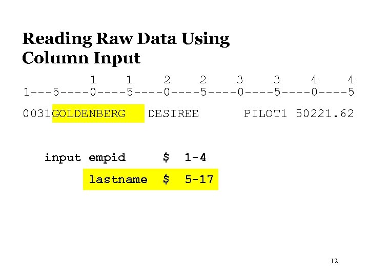 Reading Raw Data Using Column Input 1 1 2 2 3 3 4 4