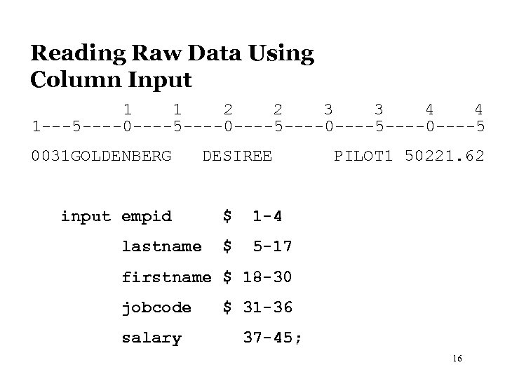 Reading Raw Data Using Column Input 1 1 2 2 3 3 4 4