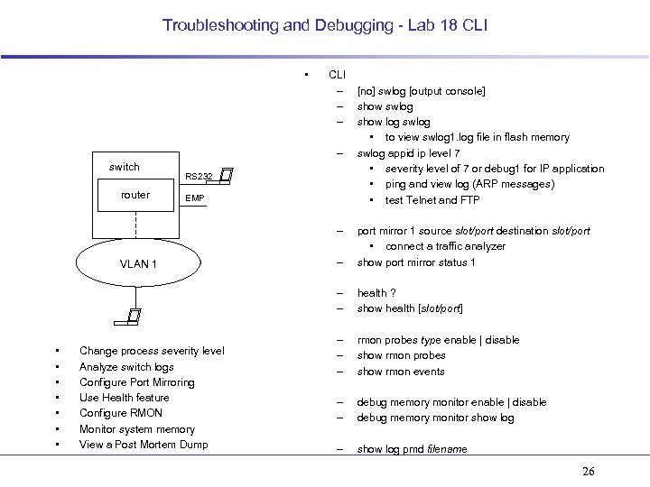 Troubleshooting and Debugging - Lab 18 CLI • CLI – – switch router RS