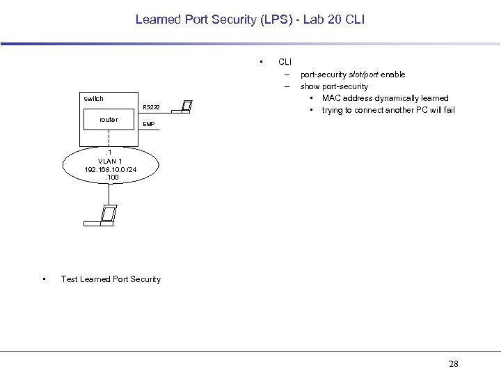 Learned Port Security (LPS) - Lab 20 CLI • switch RS 232 router CLI