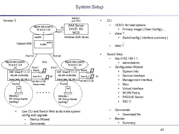 System Setup RADIUS port 1812 Version 3 Mgmt Net (vlan 1) 10. 9. 4.