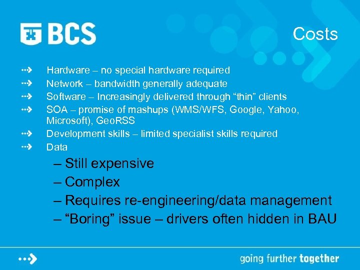 Costs Hardware – no special hardware required Network – bandwidth generally adequate Software –