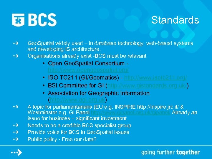 Standards Geo. Spatial widely used – in database technology, web-based systems and developing IS