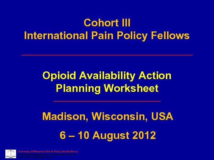 Cohort III International Pain Policy Fellows Opioid Availability Action Planning Worksheet Madison, Wisconsin, USA