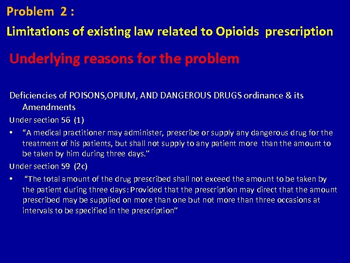 Problem 2 : Limitations of existing law related to Opioids prescription Underlying reasons for