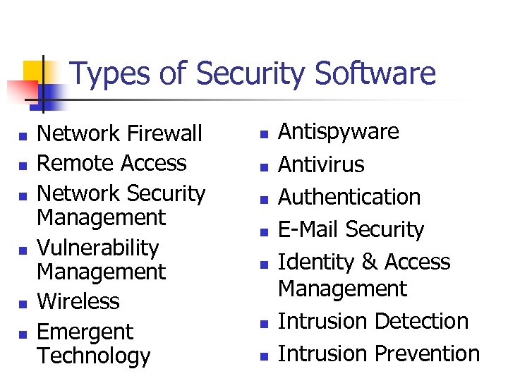 Types of Security Software n n n Network Firewall Remote Access Network Security Management