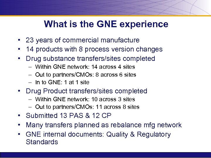 What is the GNE experience • 23 years of commercial manufacture • 14 products