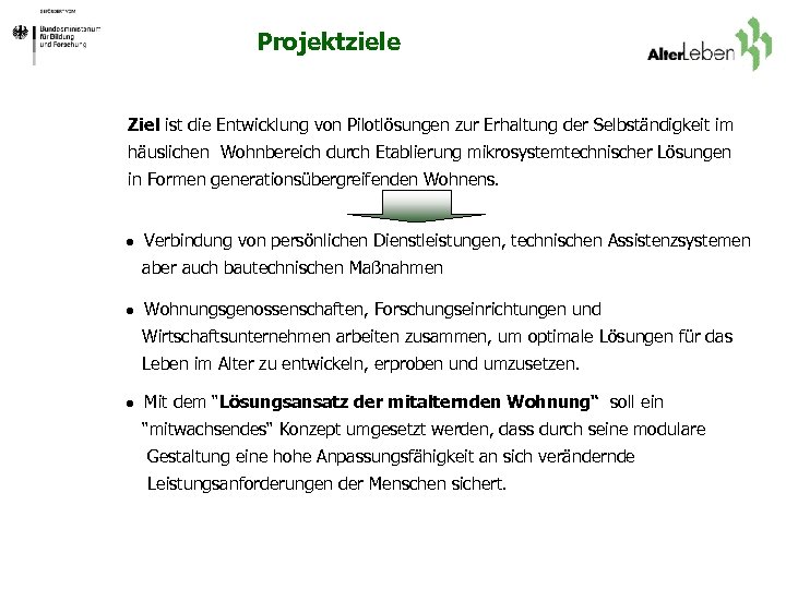Projektziele Ziel ist die Entwicklung von Pilotlösungen zur Erhaltung der Selbständigkeit im häuslichen Wohnbereich