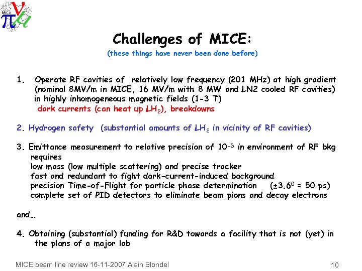 Challenges of MICE: (these things have never been done before) 1. Operate RF cavities