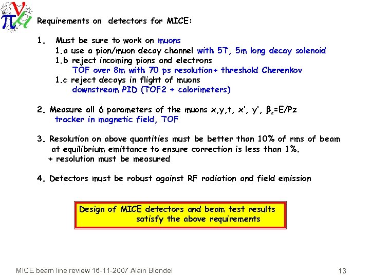 Requirements on detectors for MICE: 1. Must be sure to work on muons 1.