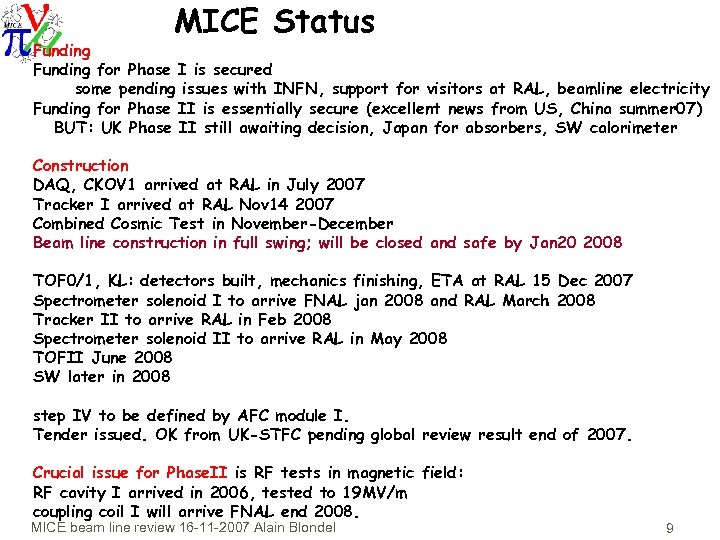 MICE Status Funding for Phase I is secured some pending issues with INFN, support