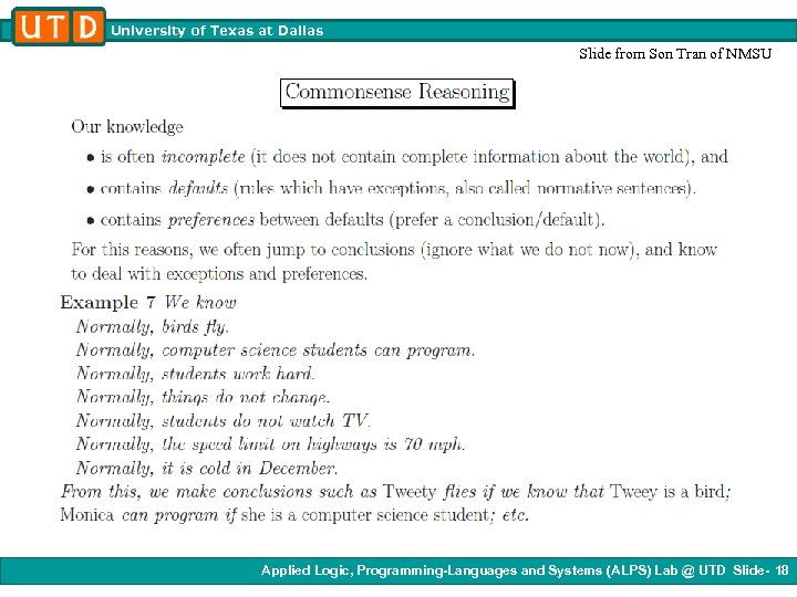 University of Texas at Dallas Slide from Son Tran of NMSU Applied Logic, Programming-Languages