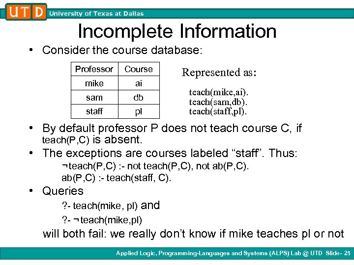 University of Texas at Dallas Incomplete Information • Consider the course database: Professor Course