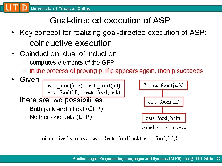 University of Texas at Dallas Goal-directed execution of ASP • Key concept for realizing