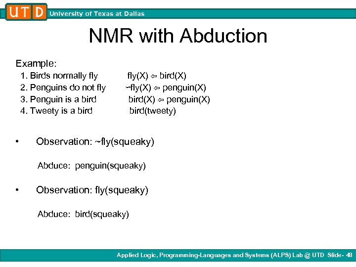 University of Texas at Dallas NMR with Abduction Example: 1. Birds normally fly 2.