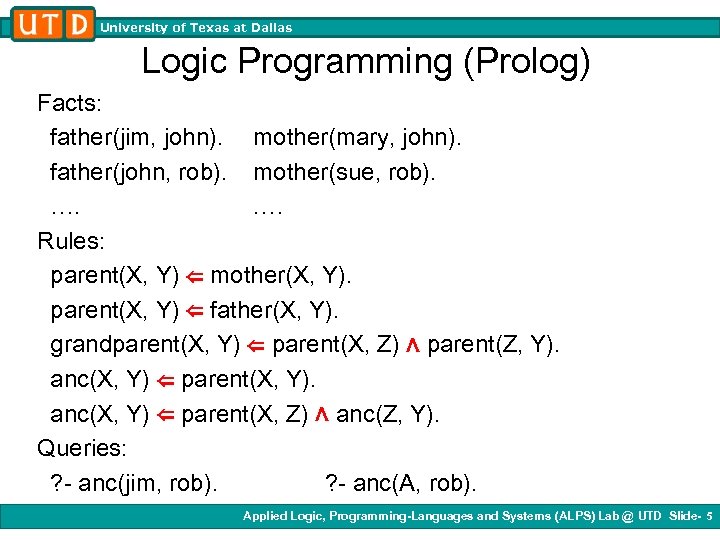 University of Texas at Dallas Logic Programming (Prolog) Facts: father(jim, john). mother(mary, john). father(john,