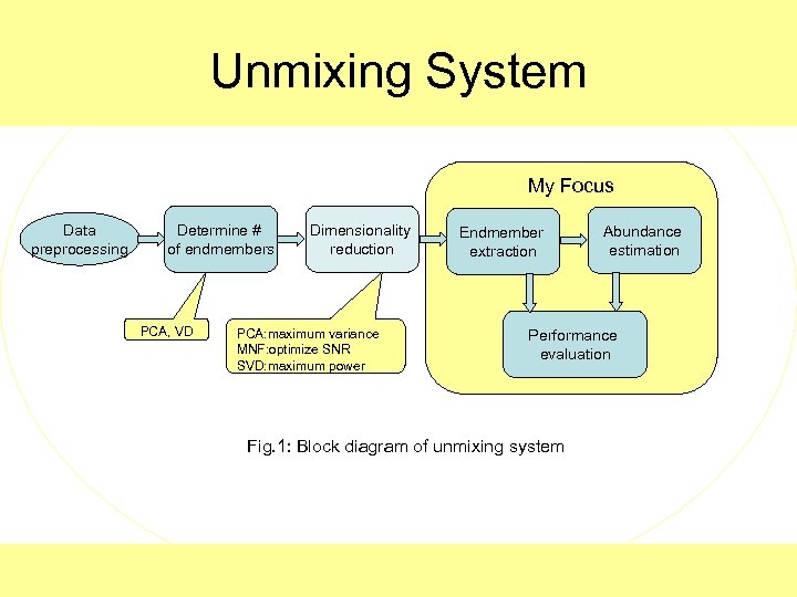 Unmixing System My Focus Data preprocessing Determine # of endmembers PCA, VD Dimensionality reduction