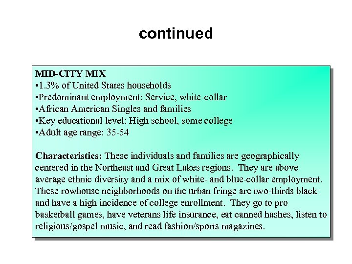 continued MID-CITY MIX • 1. 3% of United States households • Predominant employment: Service,