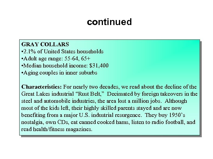 continued GRAY COLLARS • 2. 1% of United States households • Adult age range: