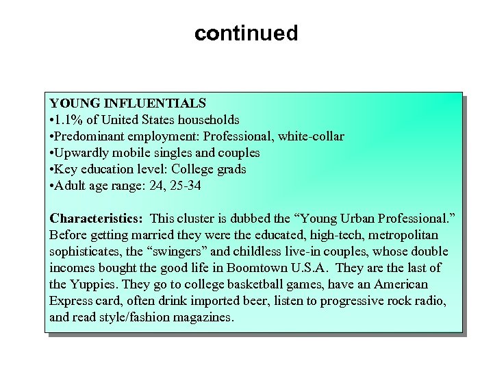 continued YOUNG INFLUENTIALS • 1. 1% of United States households • Predominant employment: Professional,