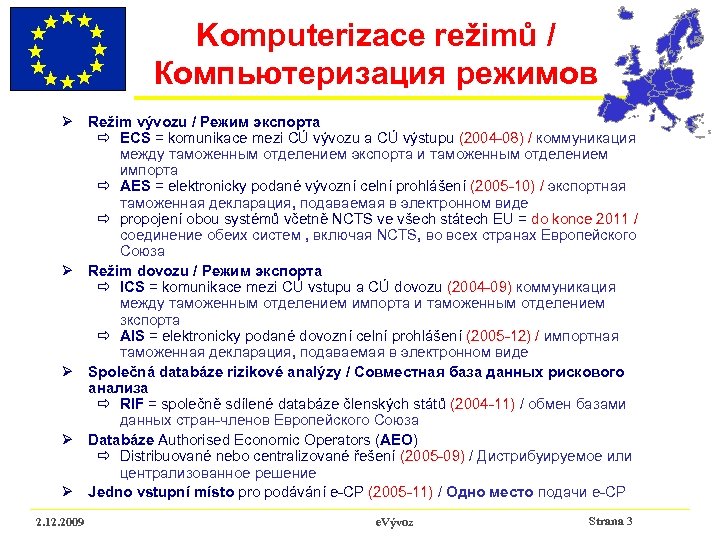 Komputerizace režimů / Компьютеризация режимов Ø Režim vývozu / Режим экспорта ð ECS =