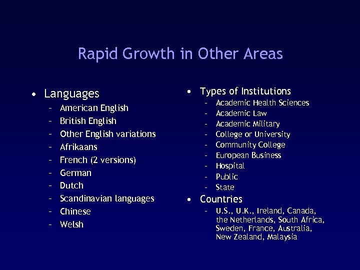 Rapid Growth in Other Areas • Languages – – – – – American English