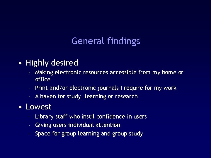 General findings • Highly desired – Making electronic resources accessible from my home or