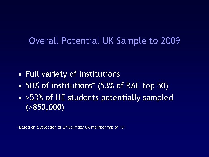 Overall Potential UK Sample to 2009 • Full variety of institutions • 50% of