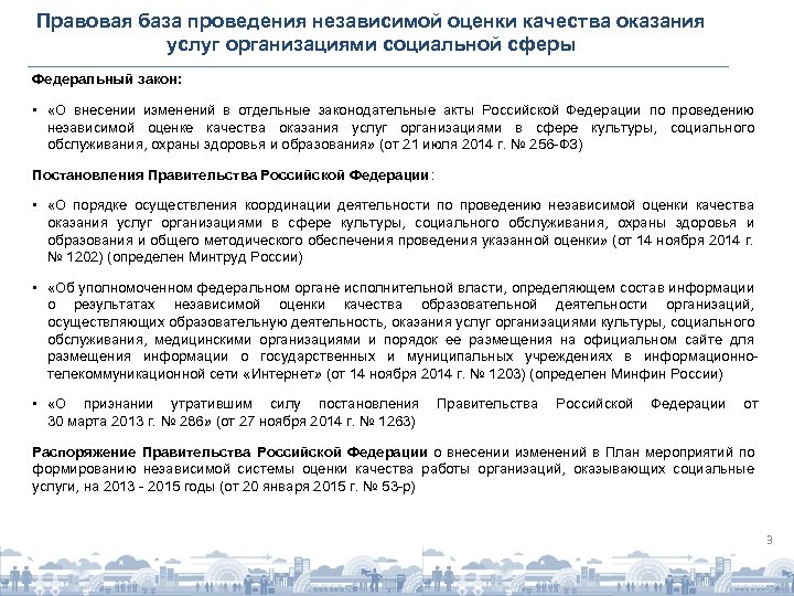 Правовая база проведения независимой оценки качества оказания услуг организациями социальной сферы Федеральный закон: •
