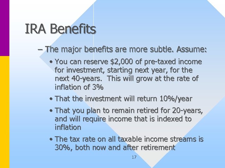 IRA Benefits – The major benefits are more subtle. Assume: • You can reserve