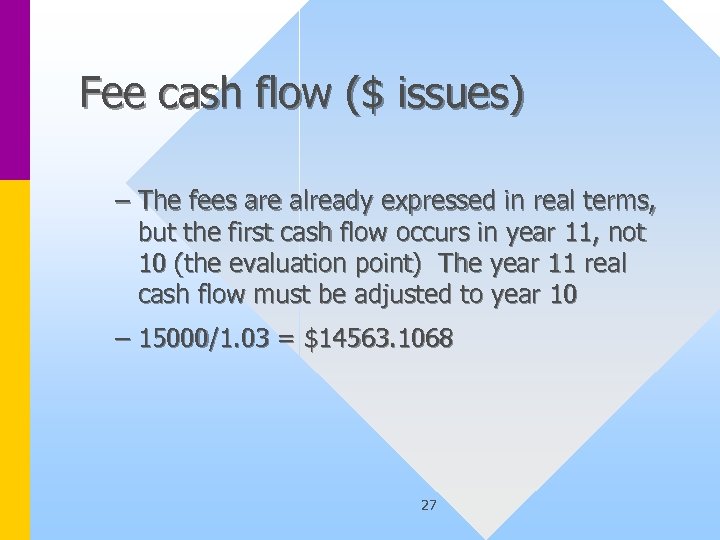 Fee cash flow ($ issues) – The fees are already expressed in real terms,