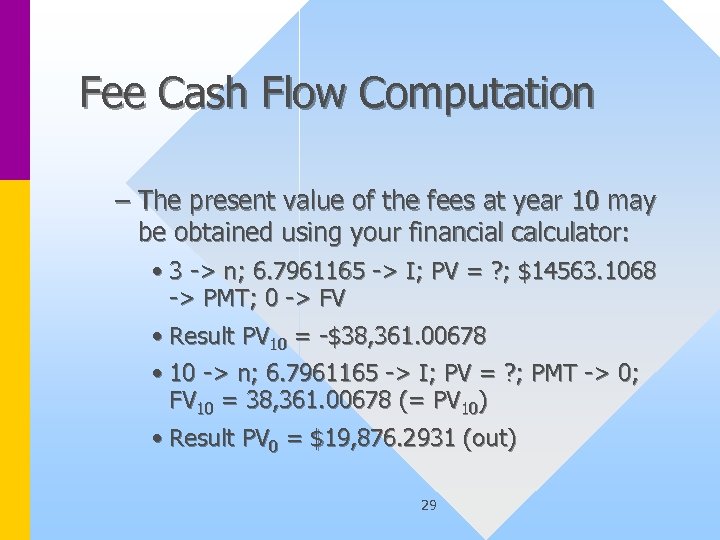 Fee Cash Flow Computation – The present value of the fees at year 10