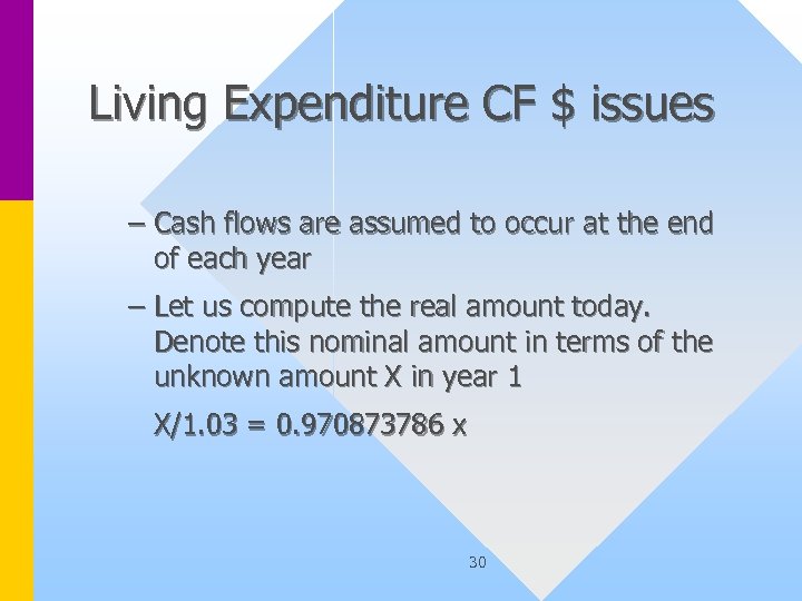 Living Expenditure CF $ issues – Cash flows are assumed to occur at the