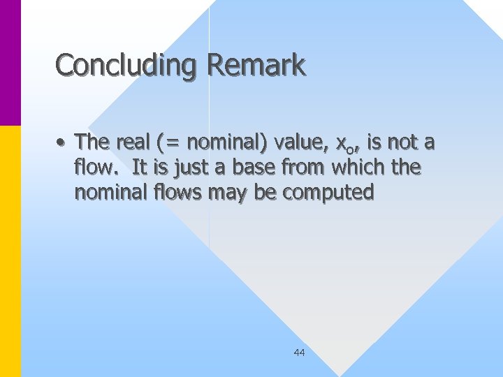 Concluding Remark • The real (= nominal) value, xo, is not a flow. It